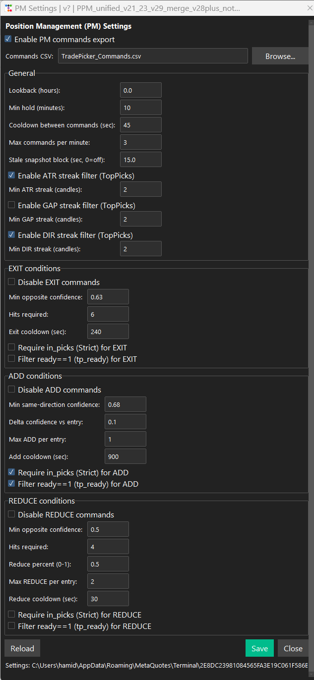 Position-management settings editor with threshold, cooldown, rate, and action controls.