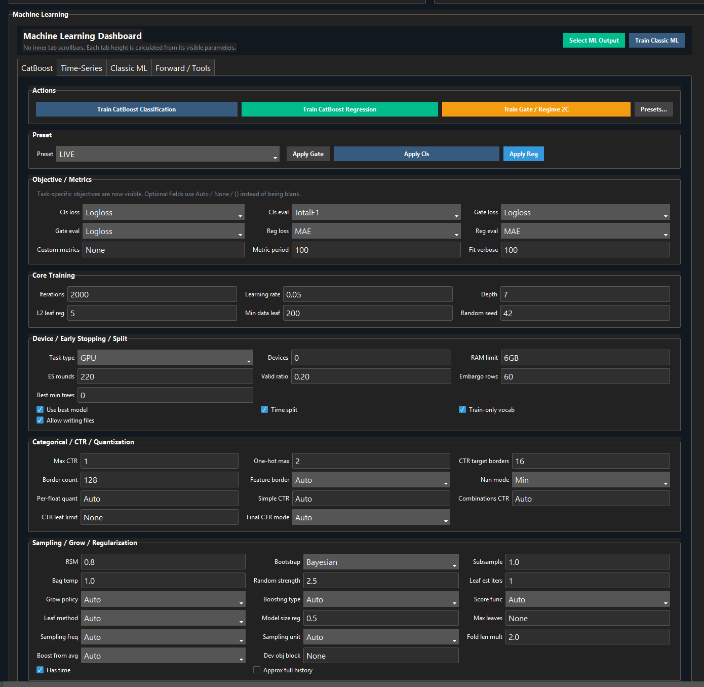 محیط تنظیم CatBoost برای Classification، Regression و Gate Model.