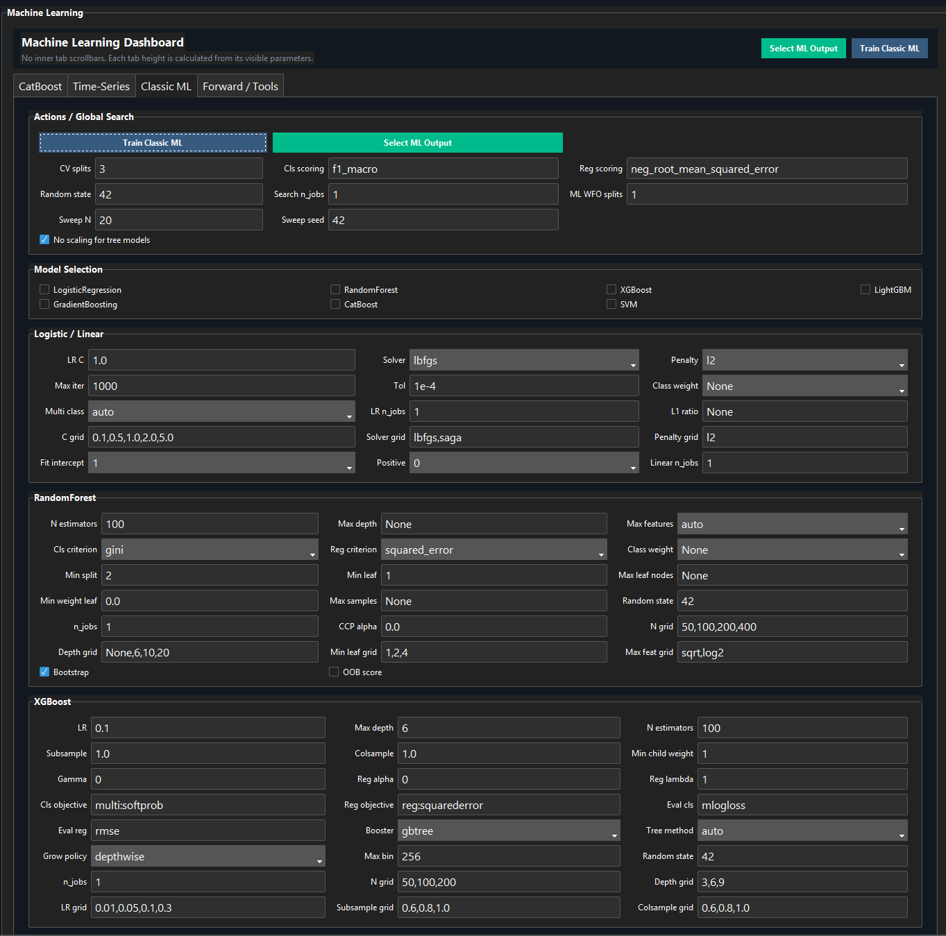 محیط انتخاب مدل و Search در Classic ML داخل Quant Research Workstation.