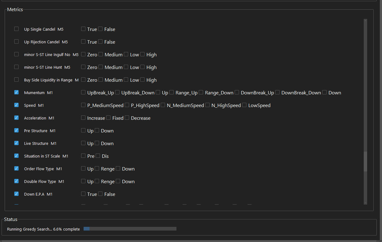 نمای پیشرفت Greedy Search برای استخراج Setup در Quant Research Workstation.