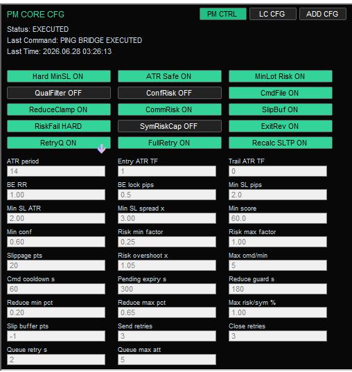 SignalFileTrader PM Core runtime configuration panel.