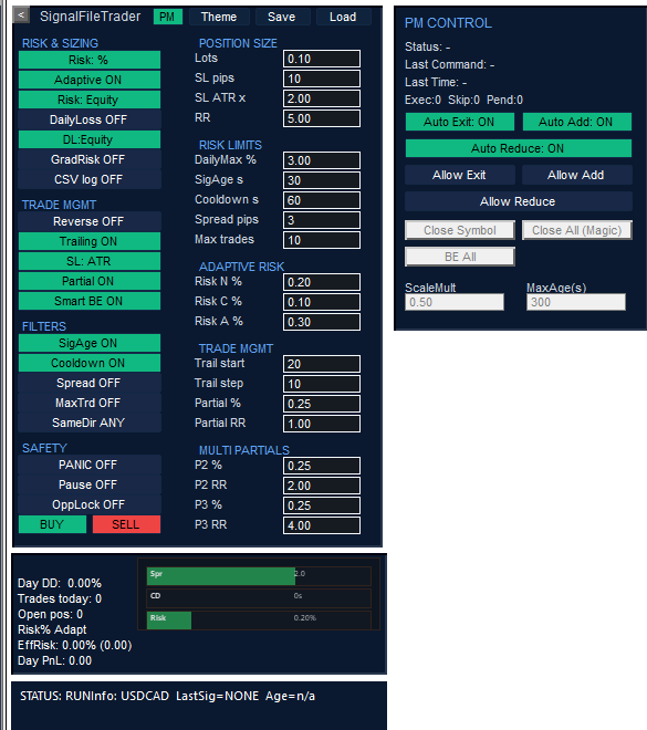 SignalFileTrader REDUCE runtime panel.