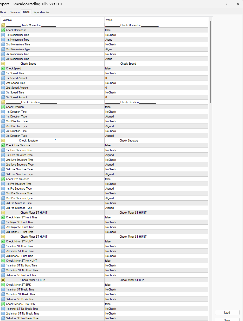 SMC Pro strategy setup input panel showing configurable condition groups, confirmations, structural filters, timing rules, and execution settings.